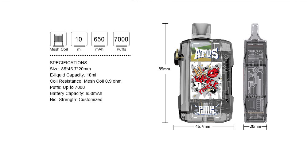 DE012 Einweg E-Zigarette 7000 Züge mit wiederaufladbar und einstellbarer Luftstrom ATVS Vape